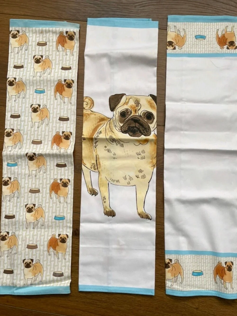 SWEET MILLY GREEN LONDON PUGS 3 PC KITCHEN TEA TOWELS NWT 100% COTTON DOG DOGS